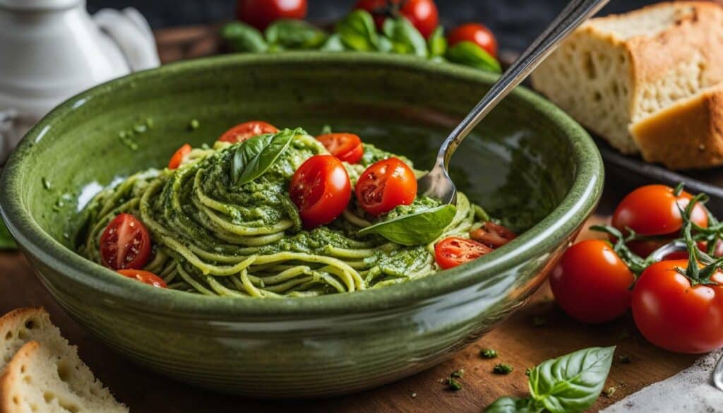 Basil Pesto adds flavor to various dishes.
