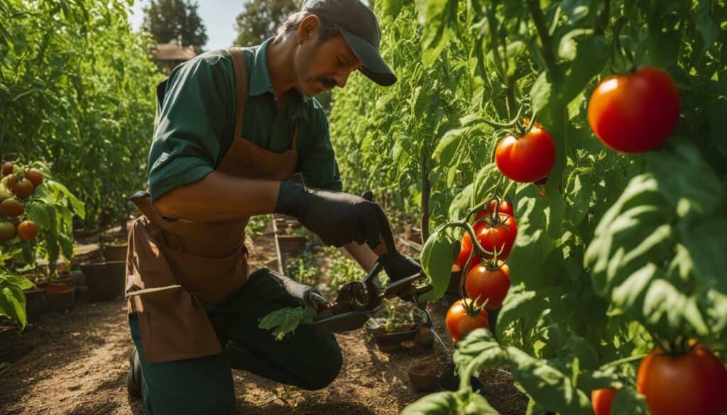 Gardener pruning a tomato plant