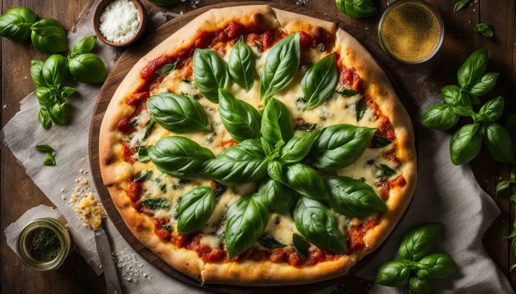 Image of a delicious basil garden pizza