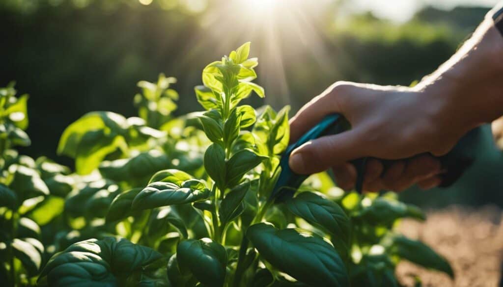 Regular herb harvesting promotes new growth of basil plants