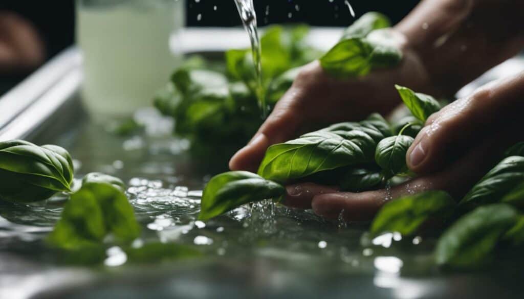 cleaning basil leaves