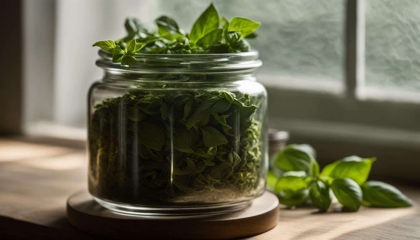 dried basil leaves in a jar
