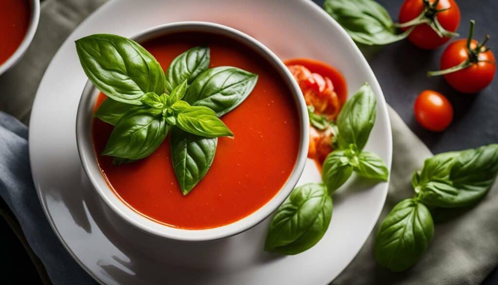 garden tomato basil soup garnished with basil leaves