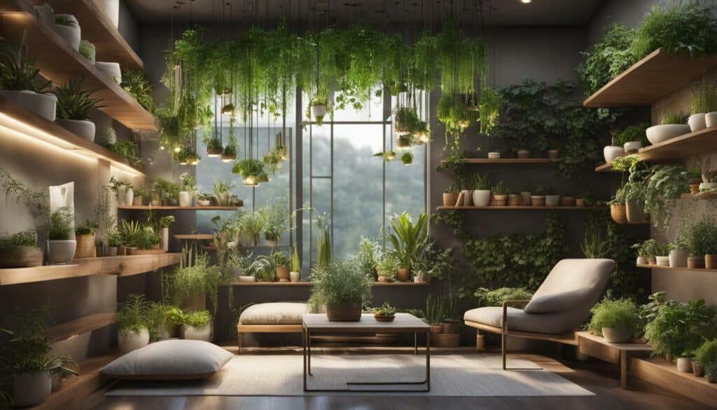 hanging plants and shelves in a small garden
