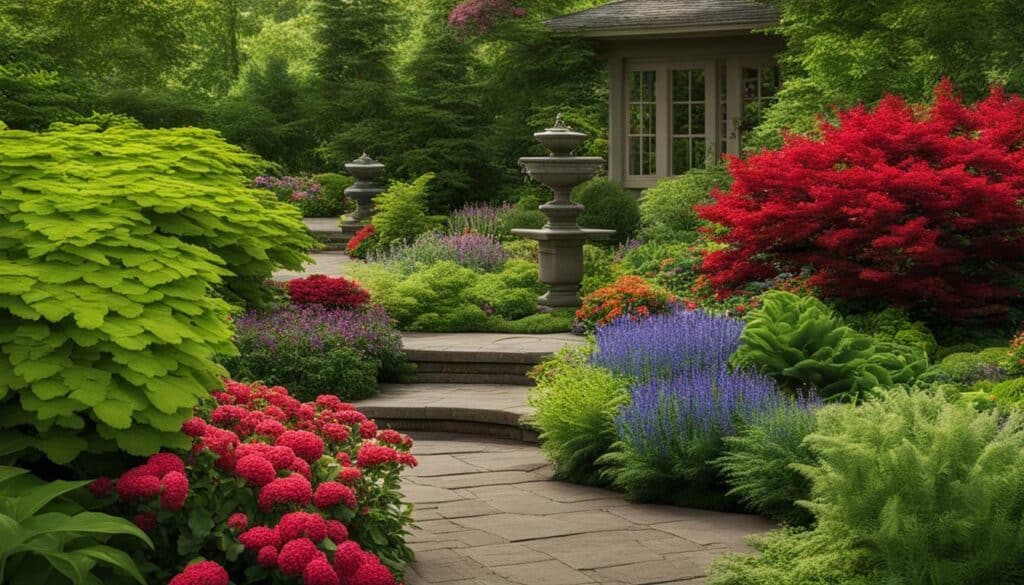 perennials, shrubs, evergreens, annuals for continuous color